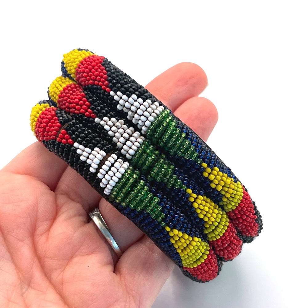 Mali Wide Bangle Multicolor‎ Handmade Beaded Bracelet Geometric Leather Vintage